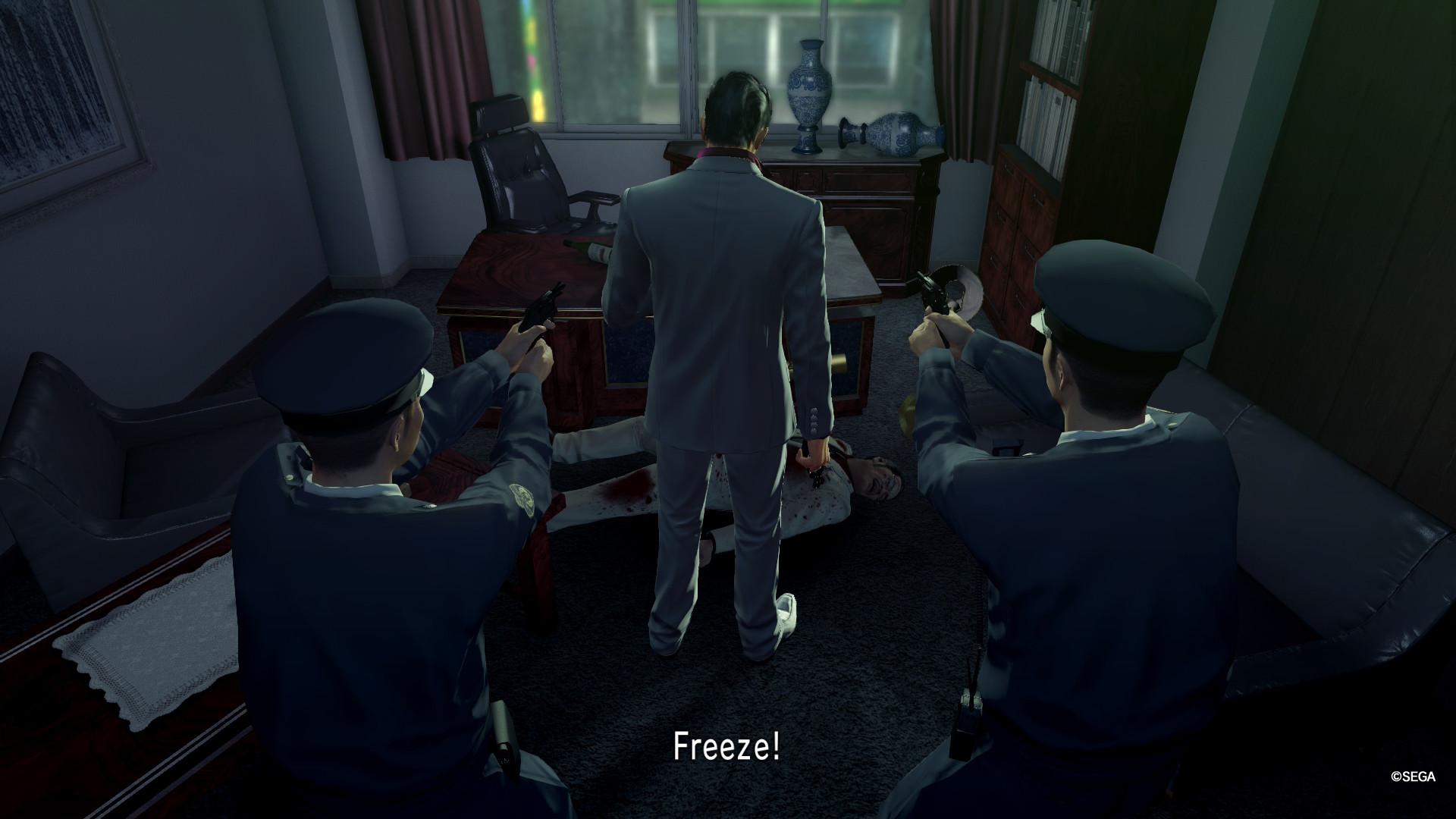 Two policemen tell Kiryu to 'freeze' in Yakuza Kiwami