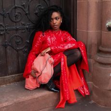 a woman in a red dress