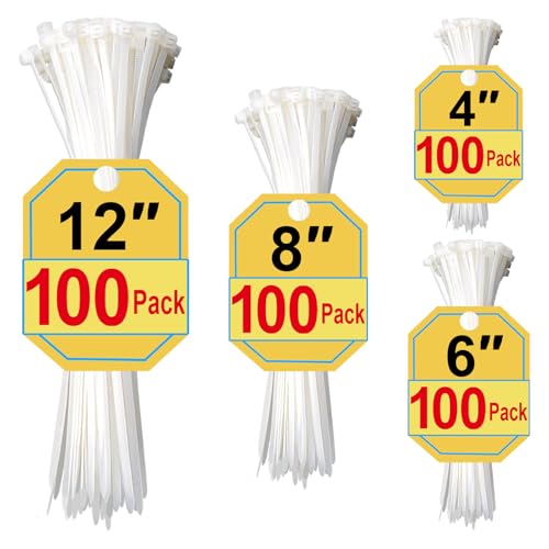 Zip Ties, White Zip Ties Assorted Sizes 4+6+8+12 Inch, 400 Pack, White Cable Ties, Zipties Clear, Uv Resistant Wire Ties, Plastic Ties, Clear Zip Tie, Sikulin