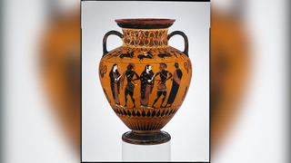 A terracotta jar from 540 B.C. that shows the ancient Greek king Menelaos reclaiming his wife, Helen, after the Trojan War.