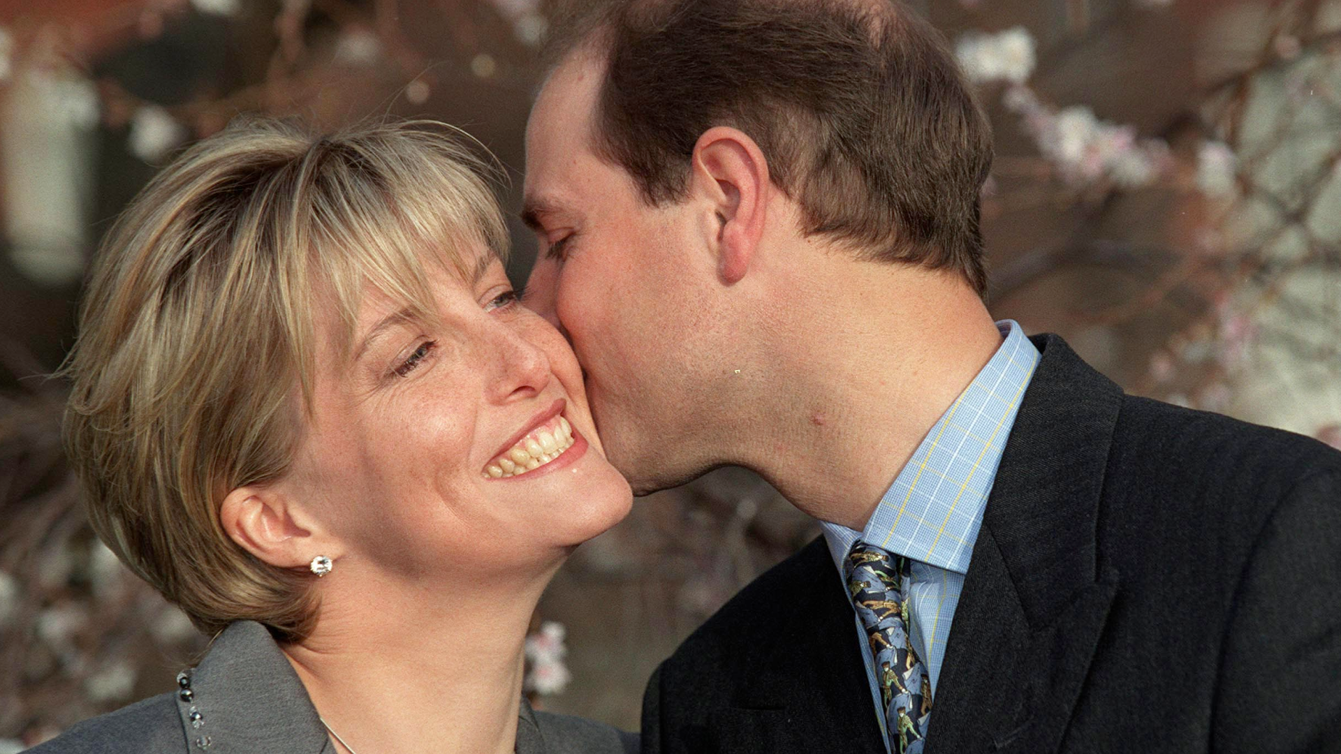 Prince Edward kissing Duchess Sophie during their engagement photo call