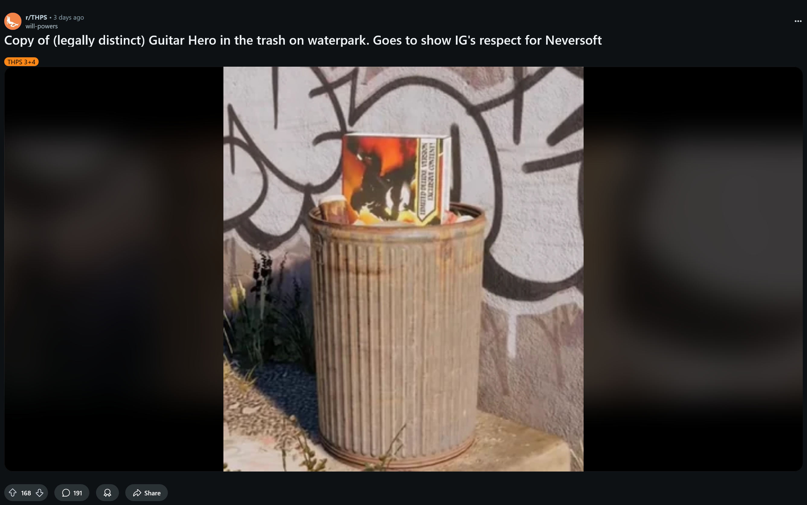 Copy of (legally distinct) Guitar Hero in the trash on waterpark. Goes to show IG's respect for Neversoft.