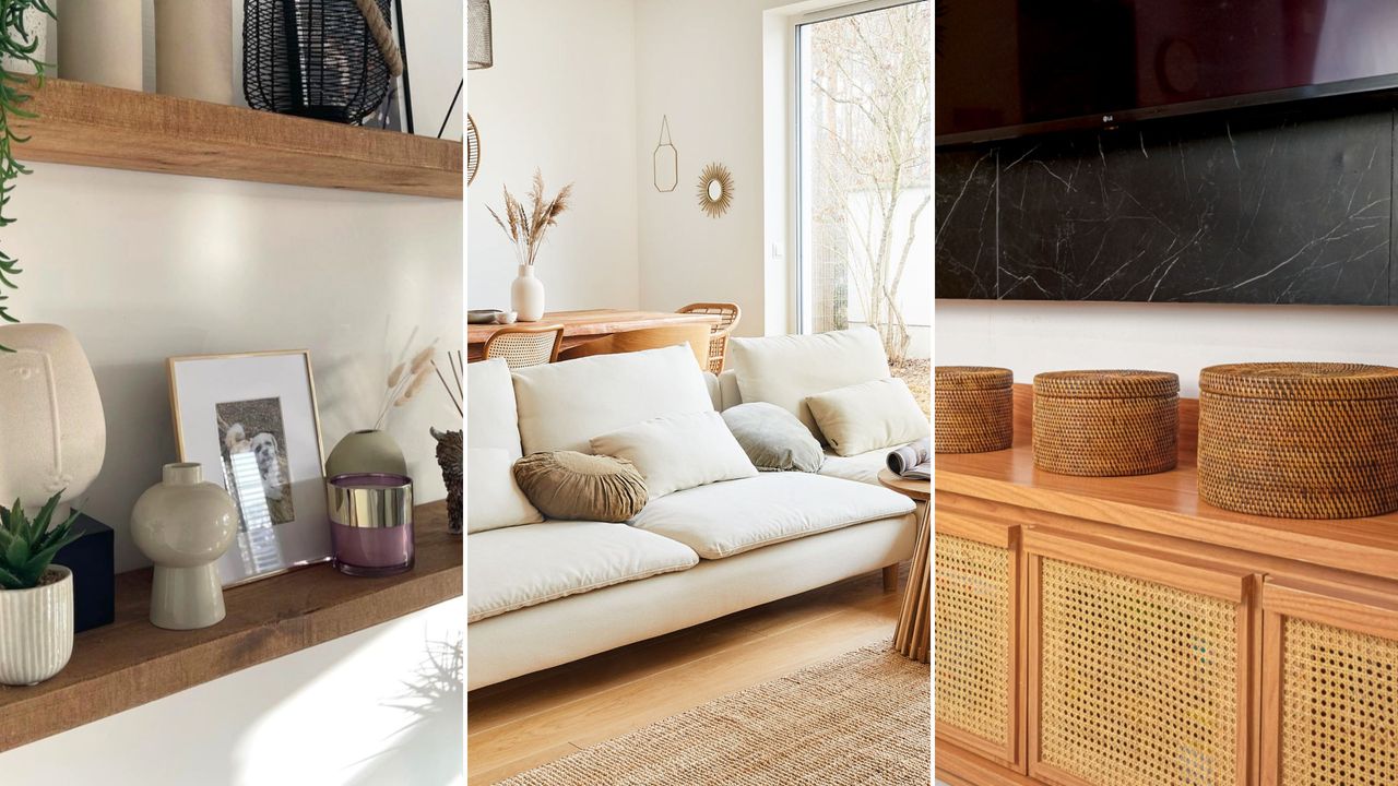 Renter-friendly small space DIYs are so useful. Here are three pictures - one of shelves, one of a white couch, and one of a wooden TV unit