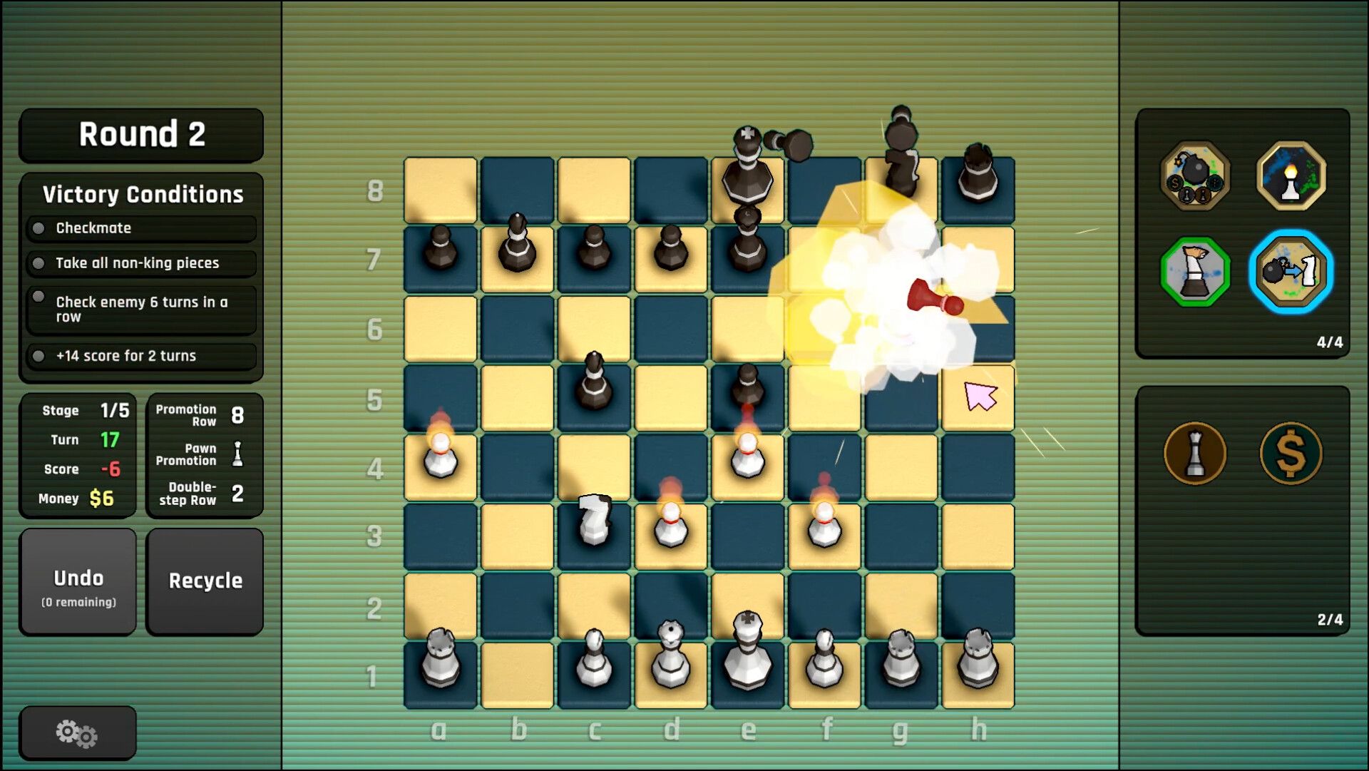 Screenshot of a chess board with one piece getting blown up in an explosion with UI overlaid on the sides, from Passant: A Chess Roguelike.
