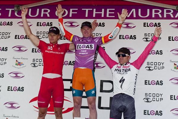 The tour's final GC podium (L-R): Stuart Shaw (Drapac Porsche), Joel Pearson (Genesys Wealth Advisers), and Gordon McCauley (Hyster-Total Rush).