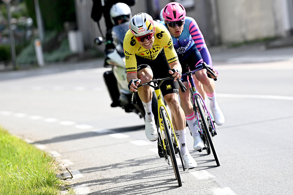 WAREGEM, BELGIUM - APRIL 01: Wout van Aert of Belgium and Team Visma | Lease a Bike leads the breakaway during the 80th Dwars Door Vlaanderen 2026 - Men&amp;apos;s Elite a 184.6km one day race from Roeselare to Waregem / #UCIWT / on April 01, 2026 in Waregem, Belgium. (Photo by Dario Belingheri/Getty Images)