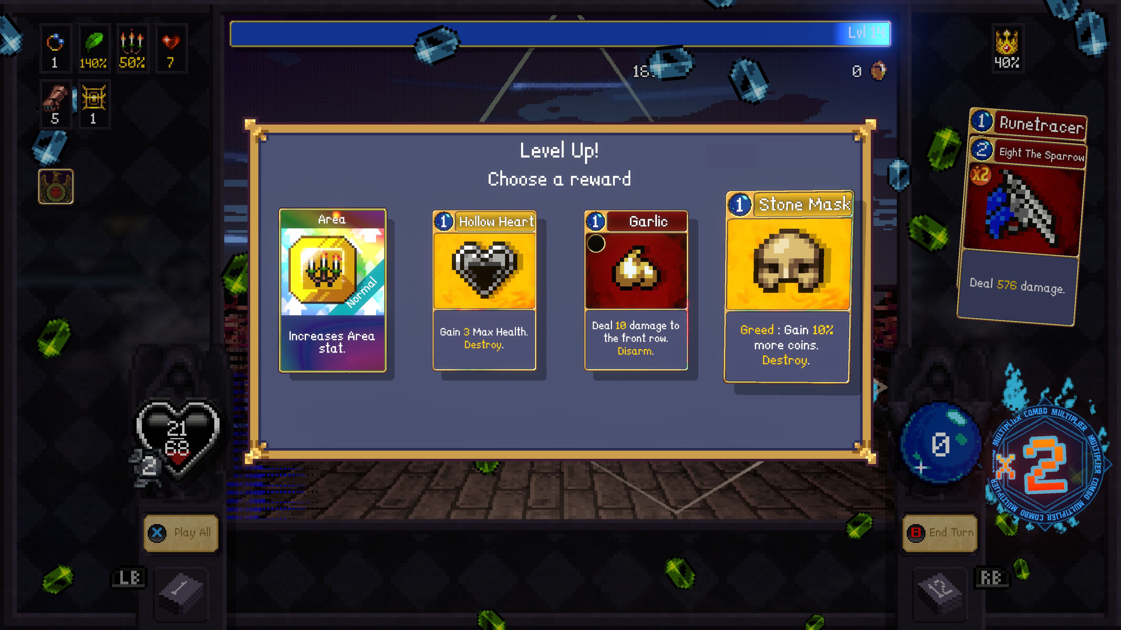 A pixelated game screen shows a "Level Up!" prompt, offering reward choices: an Ankh, Hollow Heart, Garlic, and Stone Mask.