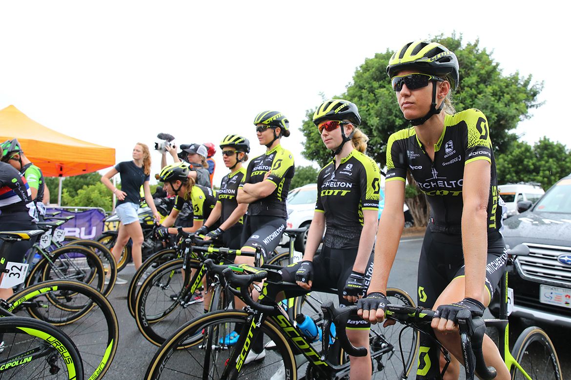 Mitchelton Scott assemble at the start line