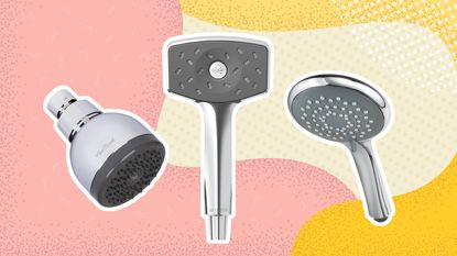 A trio of the best high-pressure shower heads on pink and yellow graphic background