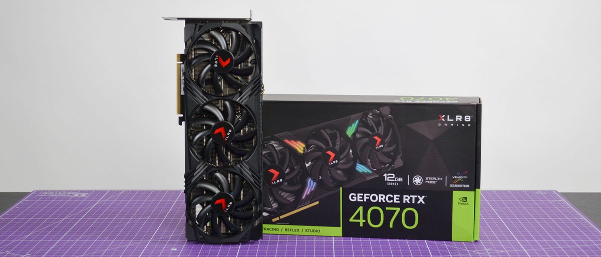 A PNY GeForce RTX 4070 XLR8 graphics card on a purple desk mat