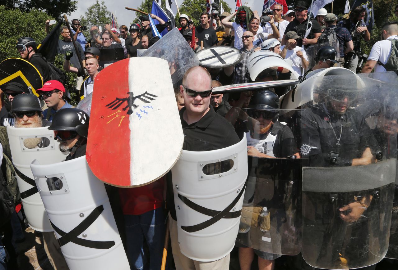 Neo-Nazi signs and symbols at a Charlottesville march