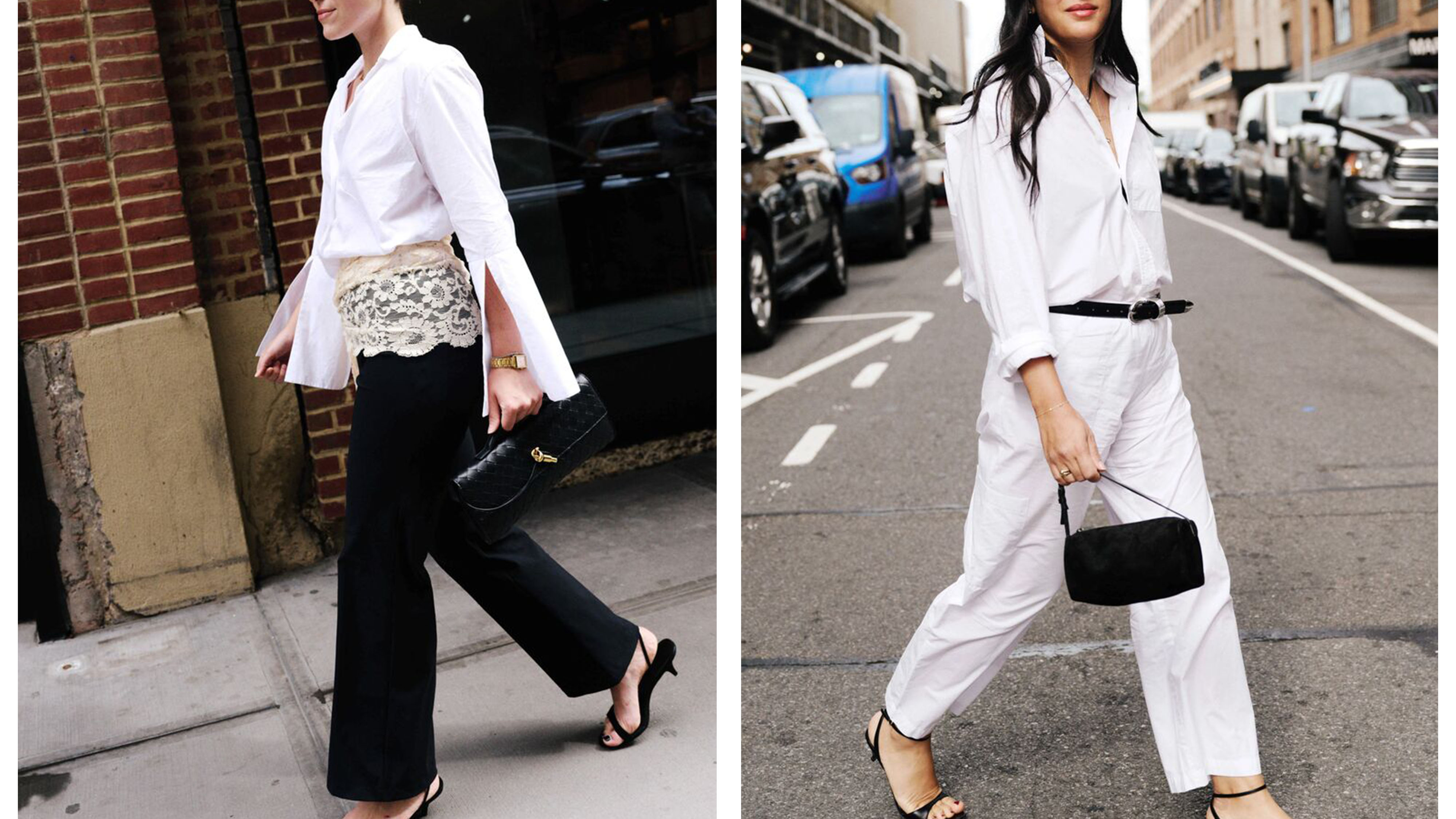 Women in white shirt, black pants; woman in white shirt, white pants, and black accessories.