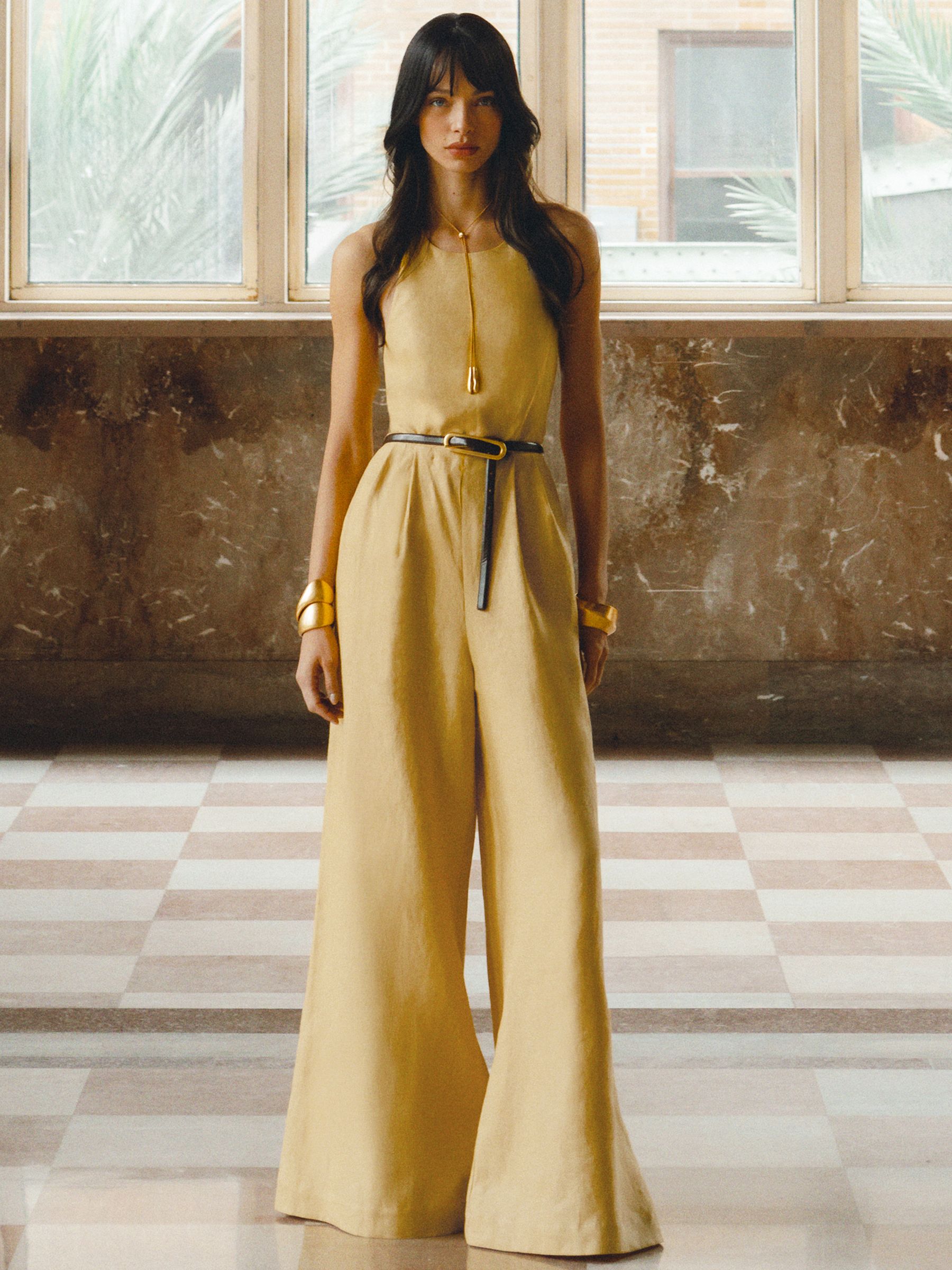 Linen Open-Back Wide-Leg Jumpsuit in Yellow