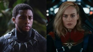Chadwick Boseman as Black Panther and Brie Larson as Captain Marvel