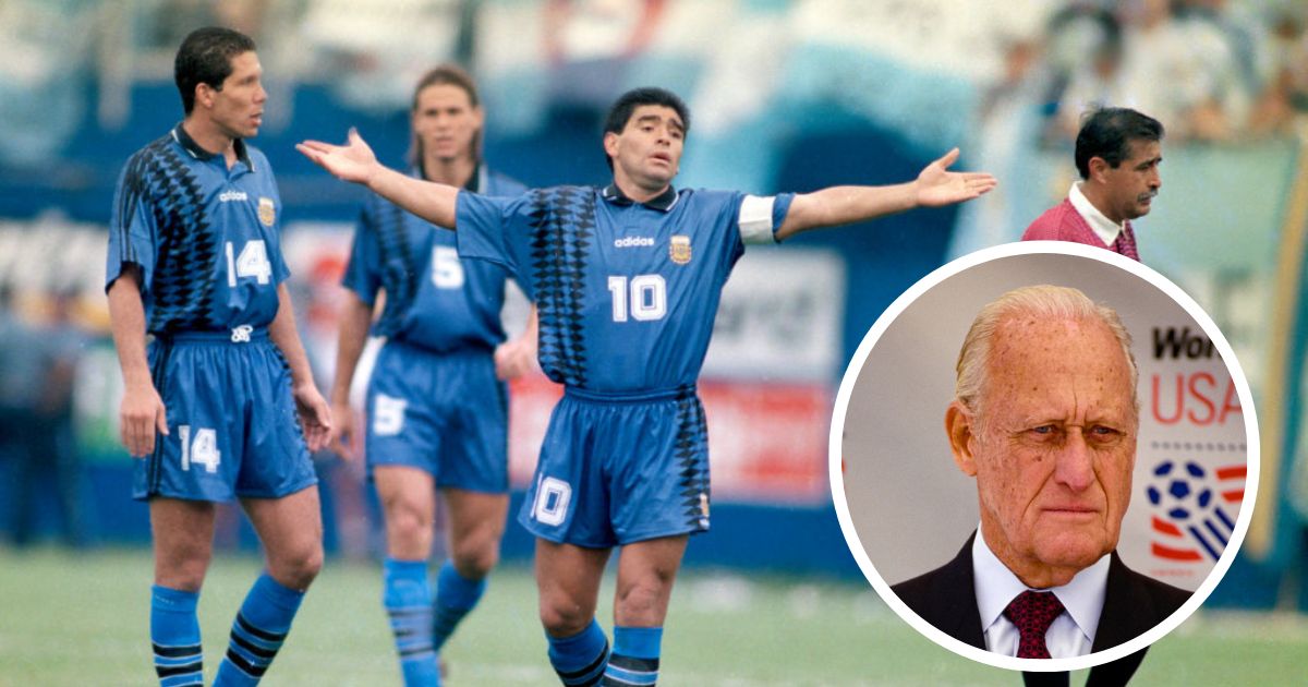 Diego Maradonna protests at USA 1994 with Diego Simeone in the background. There is an inset image of ex-FIFA president Joao Havelange
