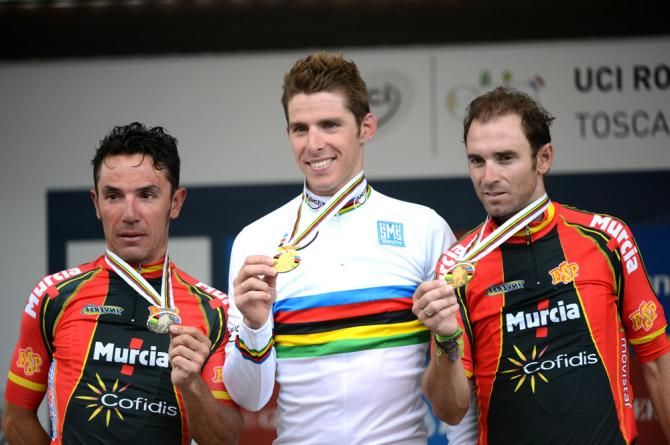 Joaquim Rodriguez (Spain), Rui Costa (Porgutal) and Alejandro Valverde (Spain) show off their world championship hardware