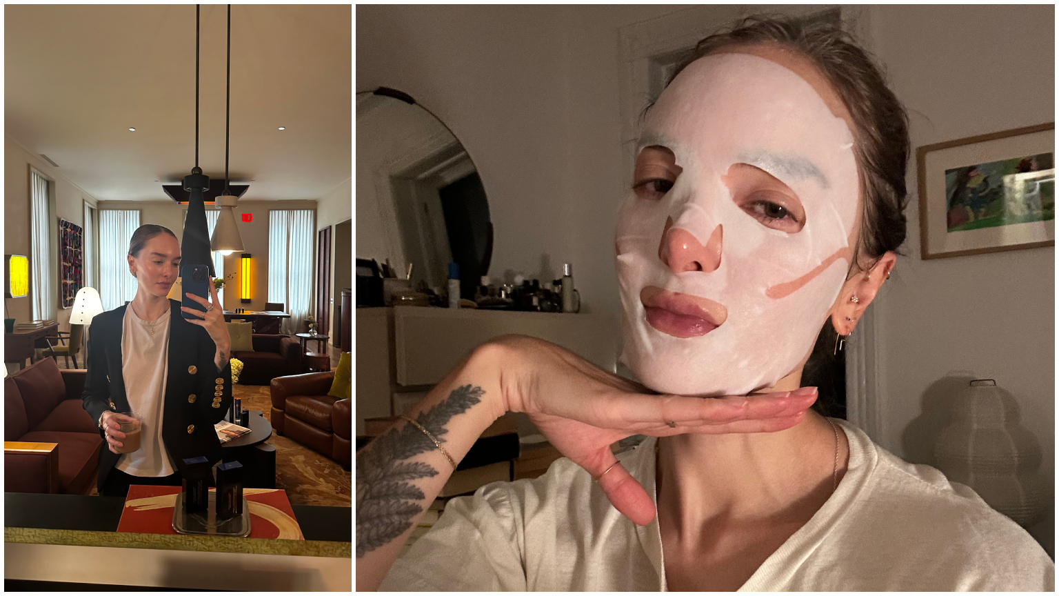 hannah baxter ulta fall sale in a split screen photo wearing a sheet mask on the right and a selfie in a mirror wearing a black jacket on the left