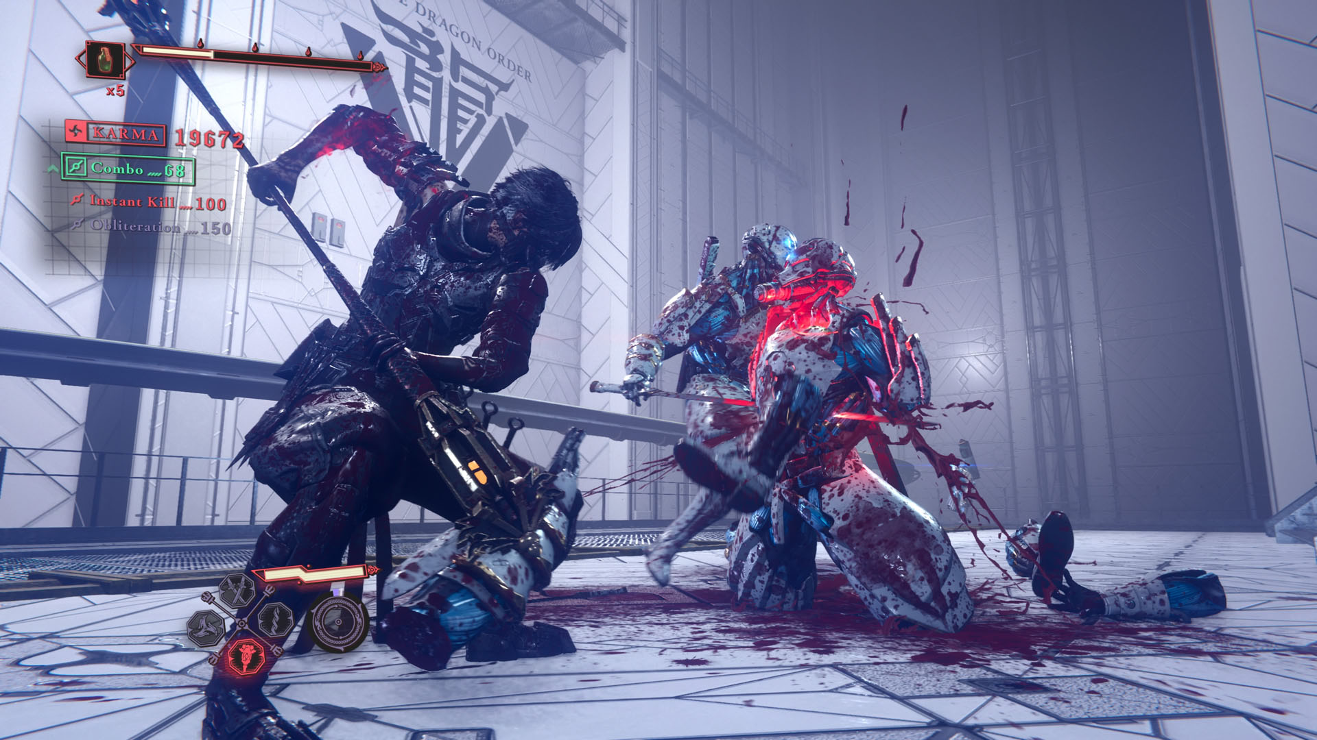 Yakumo finishes off a DDO soldier with a brutal finishing move, with heaps of blood and gore