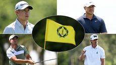 A yellow Memorial Tournament flag centered around Collin Morikawa, Brooks Koepka, Viktor Hovland and Jake Knapp
