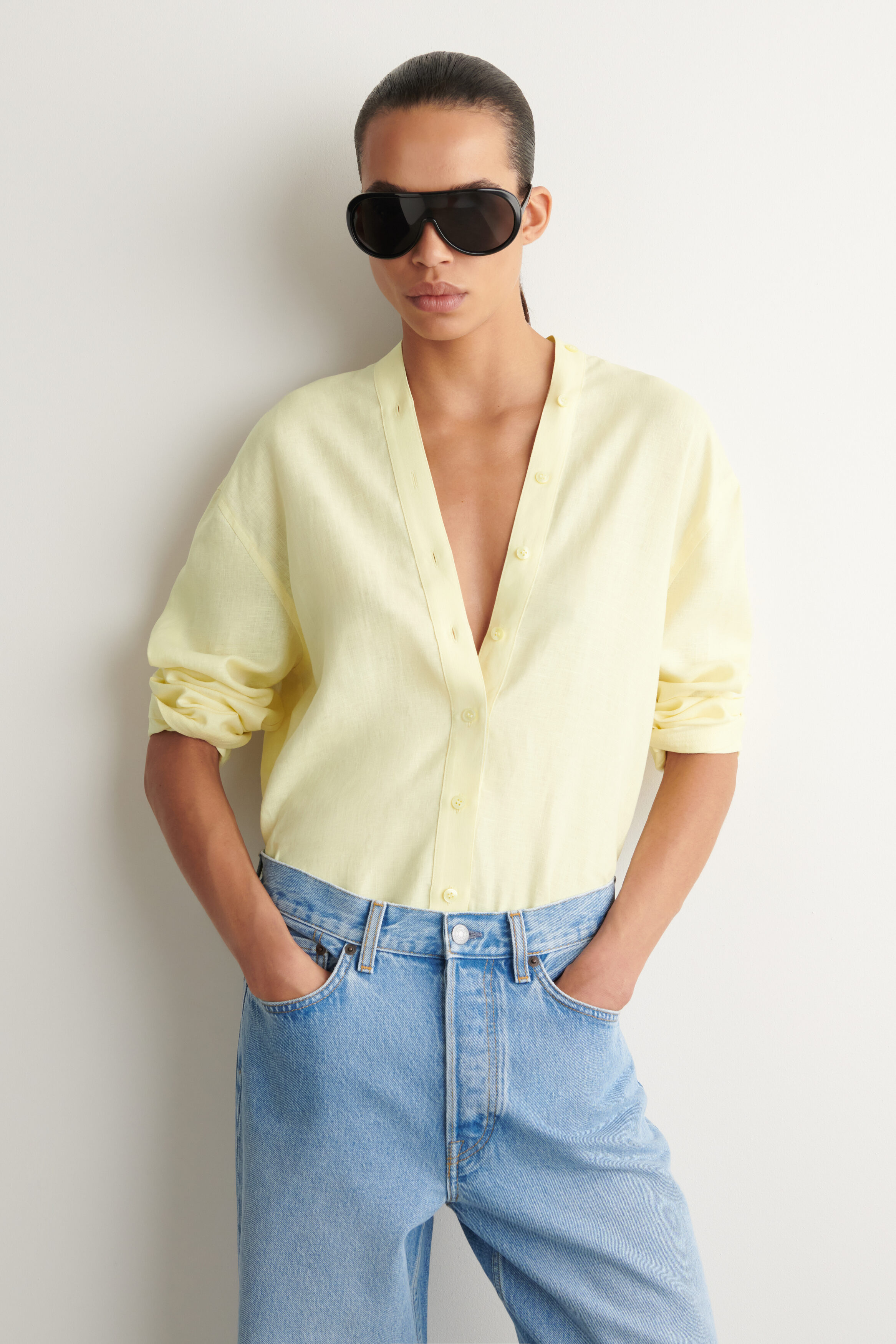 Button-Detail Linen V-Neck Shirt