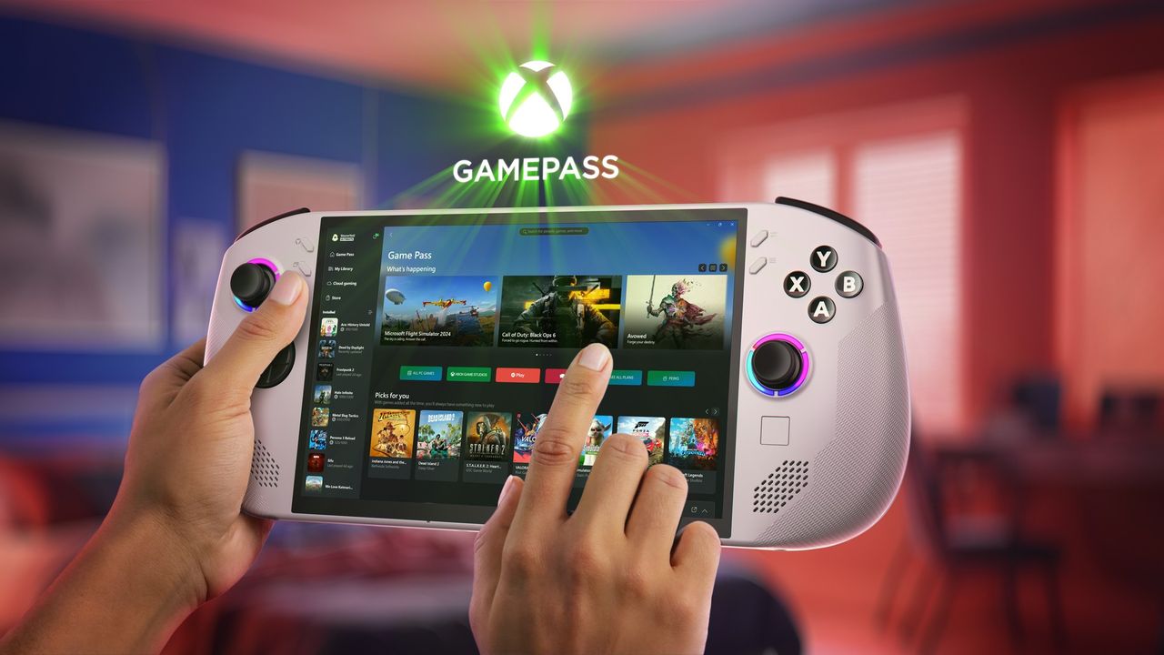 The Lenovo Legion Go S held in a hand, displaying the Xbox app with Xbox Game Pass.