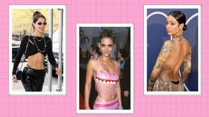 Bella Hadid, Halle Berry and Alexa Demie pictured wearing the exposed thong trend/ in a pink template