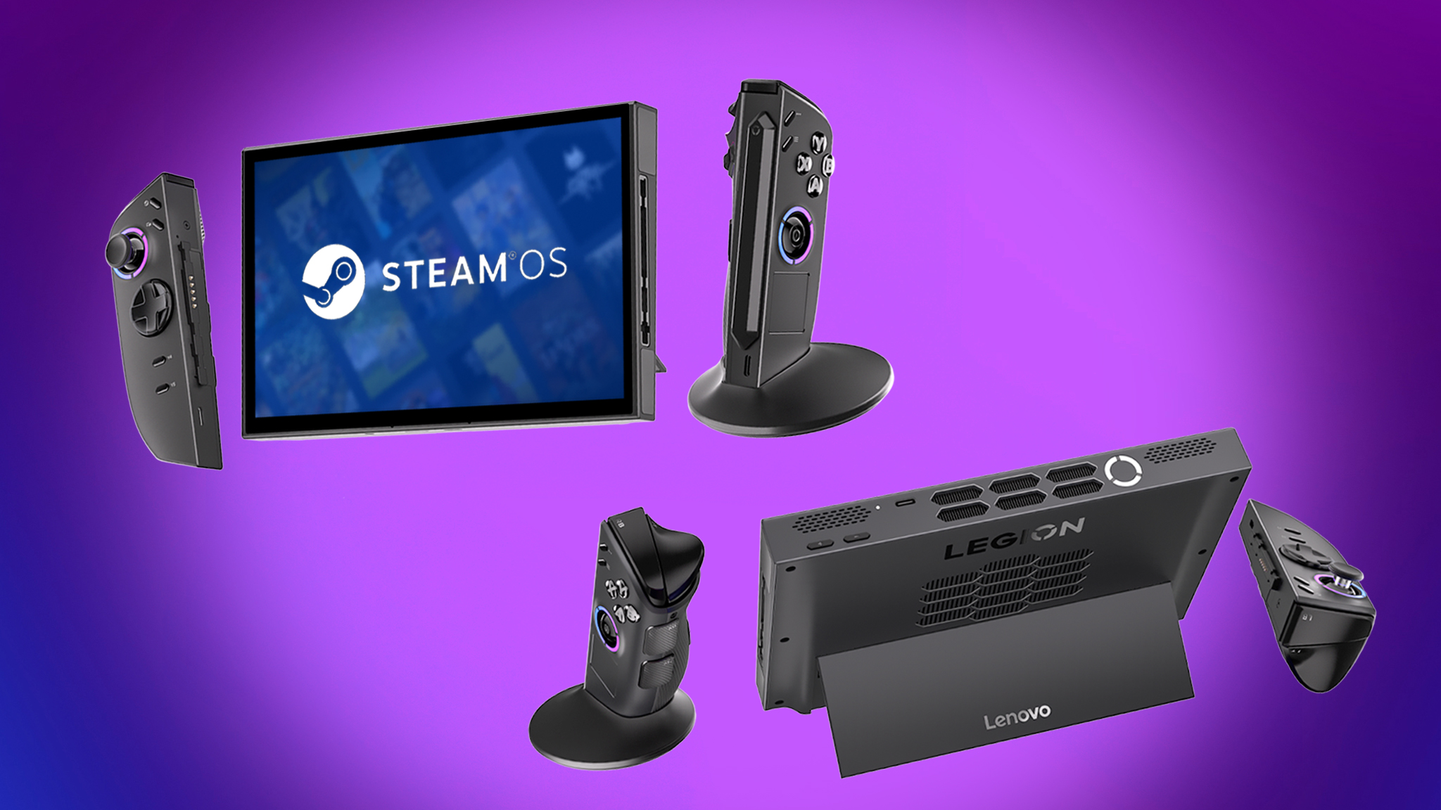 Legion Go 2 (SteamOS) facing forward and Legion Go 2 (Windows) facing away, both with controllers detached.