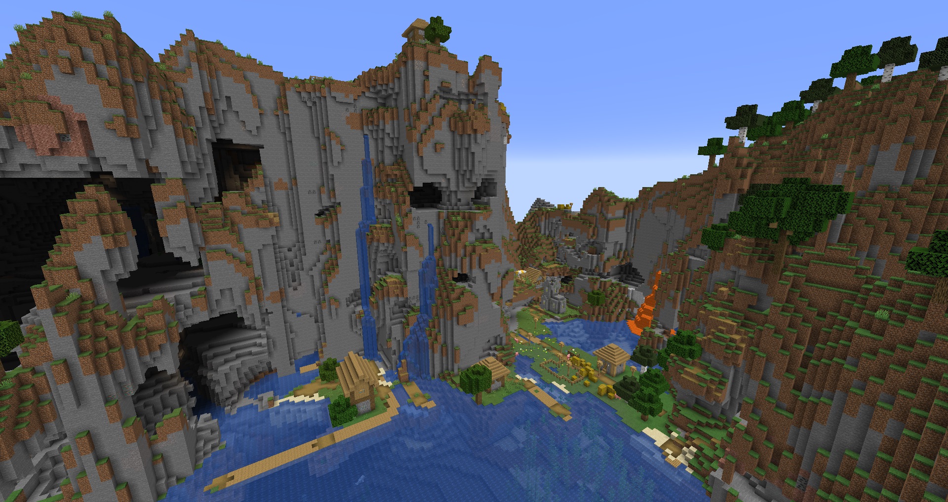 Minecraft - A large cliff face with caves that make it look like a face with an "O" mouth with a village at its base.