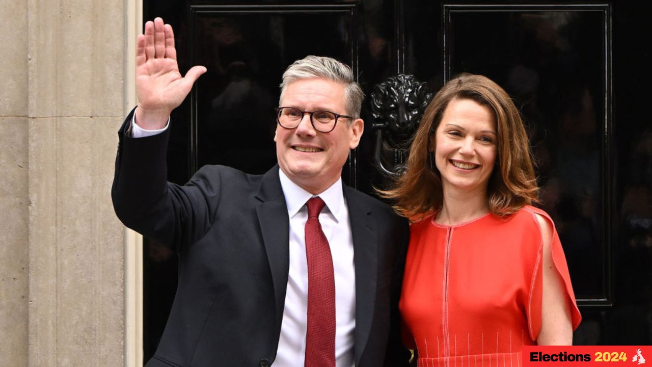 Labour leader and incoming Prime Minister Sir Keir Starmer and wife Victoria greet supporters as they enter 10 Downing Street following Labour&#039;s landslide election victory on 5 July 2024.