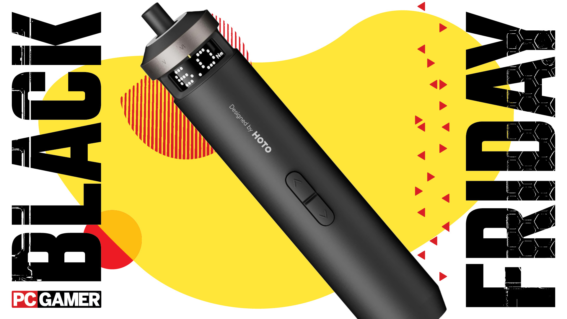 Hoto electric screwdriver on a yellow background with the &#039;black friday&#039; on the side.