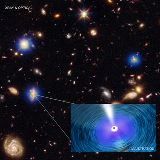 An image from the Chandra X-ray Observatory’s Deep Field-South. The Chandra image (blue) is the deepest ever obtained in X-rays. It has been combined with an optical and infrared image from the Hubble Space Telescope, colored red, green, and blue. Each Chandra source is produced by hot gas falling toward a supermassive black hole in the center of the host galaxy, as depicted in the artist's illustration.