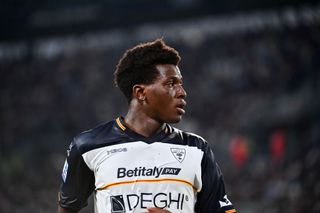 Patrick Dorgu of U.S. Lecce reacts during the Serie A TIM match between Juventus and US Lecce at Allianz Stadium on September 26, 2023 in Turin, Italy.