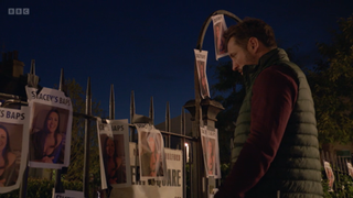 Martin Fowler is horrified as pictures of Stacey Slater are hung around the Square.