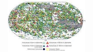 This maps shows the size and location on every volcano known on Venus.