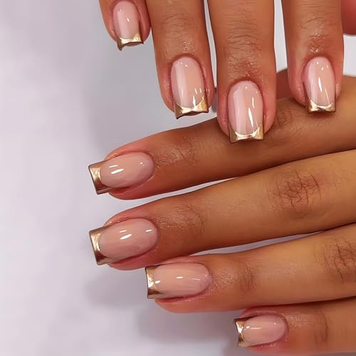 24pcs French Tips Press on Nails With French Design, French Tips Manicure Art Acrylic Medium Coffin Full Cover Fake Nails Stick on Nails Glossy Gold French Tips False Nails Gel Glue on Nail for Women