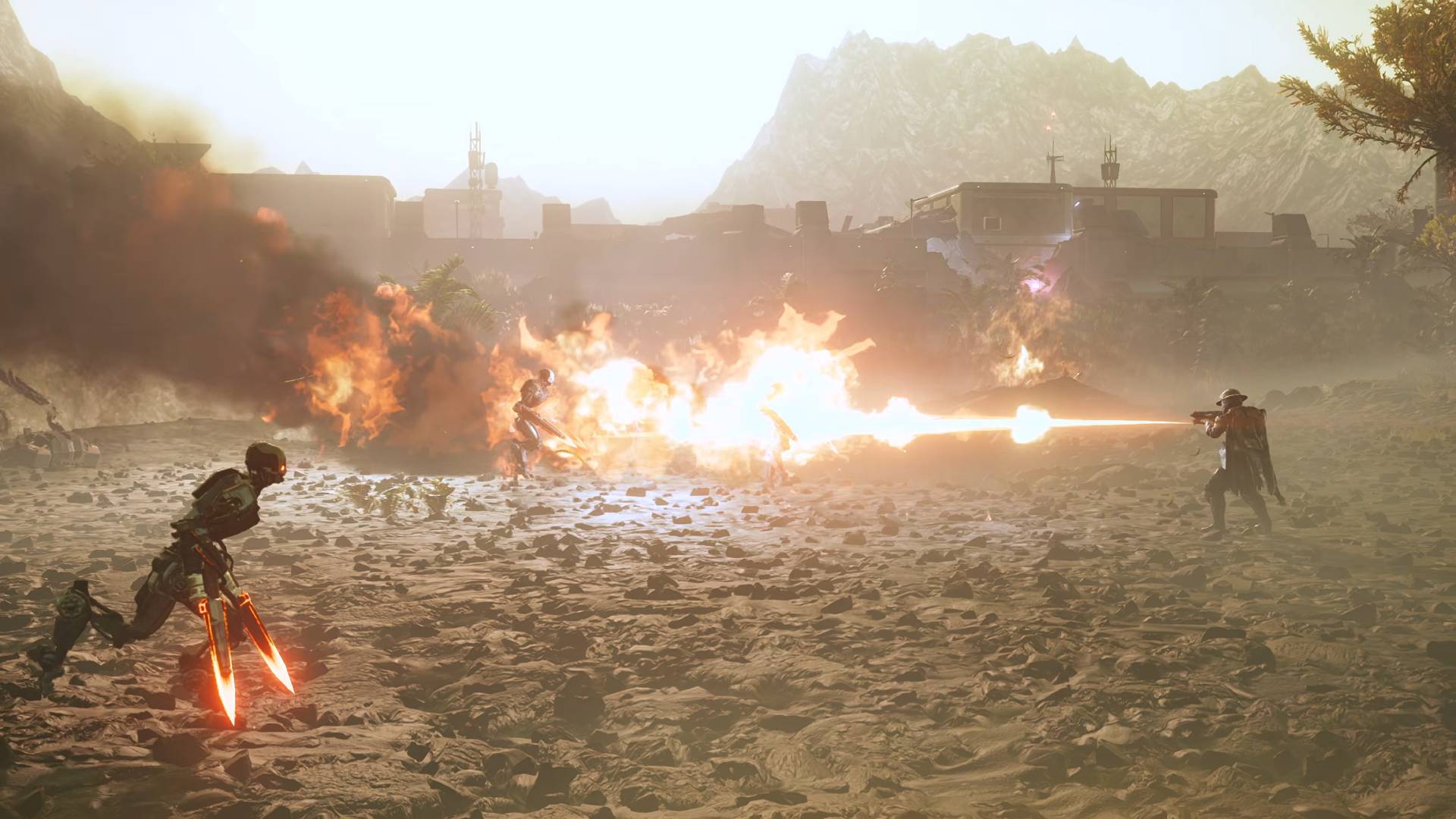 Helldivers 2 Entrenched Division warbond helldiver burning automatons with Stoker underbarrel flamethrower