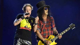 Axl Rose and Slash of Guns N’ Roses onstage at Glastonbury