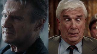 Liam Neeson in Blacklight and Leslie Nielsen in The Naked Gun, pictured side by side.