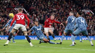 Rasmus Hojlund scores for Manchester United against Aston Villa in the Premier League at Old Trafford, Manchester, England, December 2023.