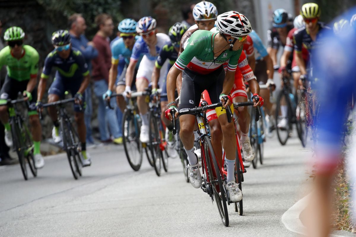 Fabio Aru looks back after putting in a dig at Milano-Torino