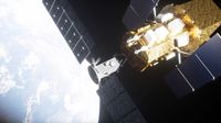 Artist's illustration of Katalyst Space Technologies' LINK spacecraft meeting up with NASA's Swift space telescope in Earth orbit.