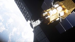 Artist's illustration of Katalyst Space Technologies' LINK spacecraft meeting up with NASA's Swift space telescope in Earth orbit.