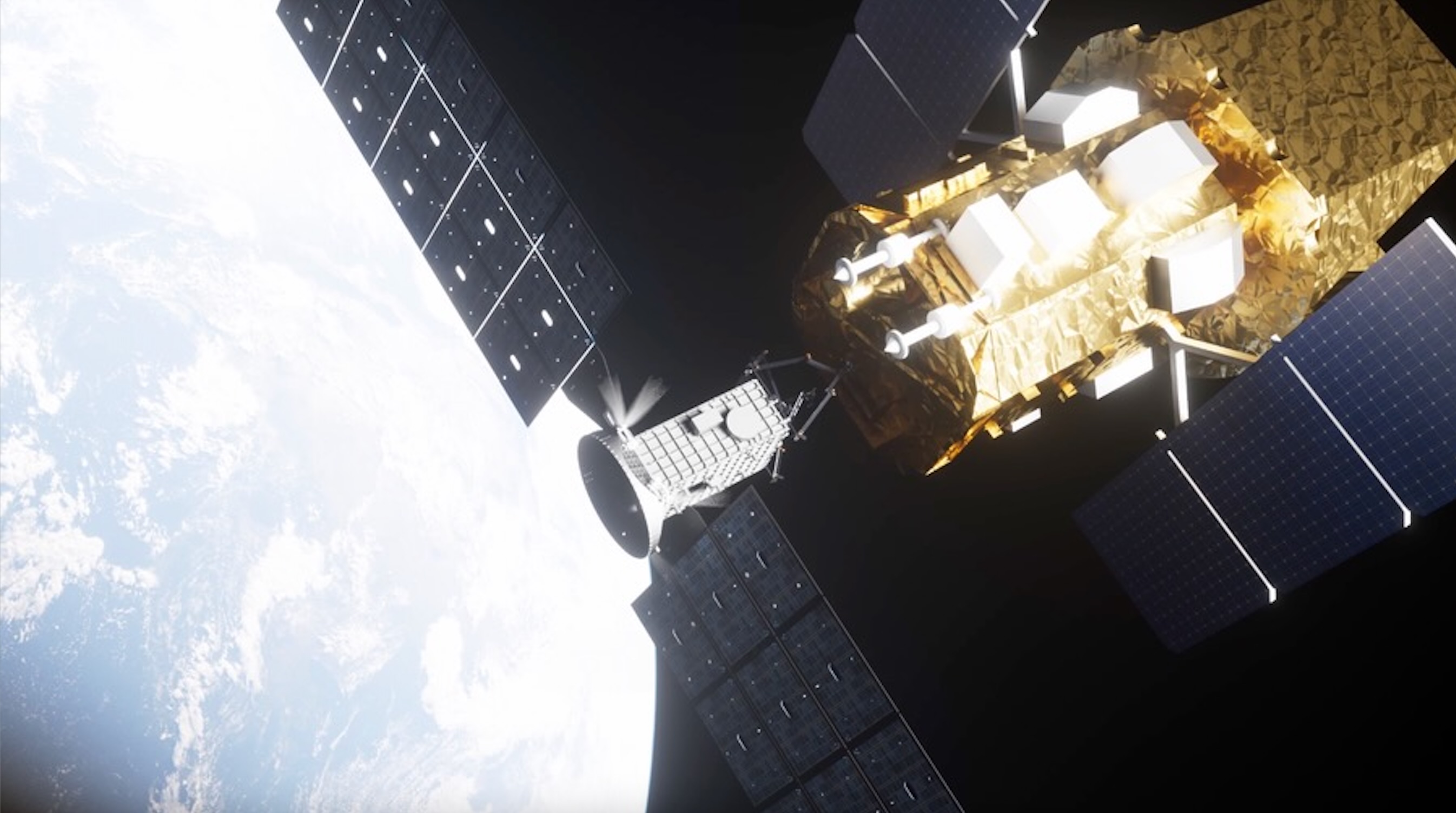 Artist's illustration of Katalyst Space Technologies' LINK spacecraft meeting up with NASA's Swift space telescope in Earth orbit.