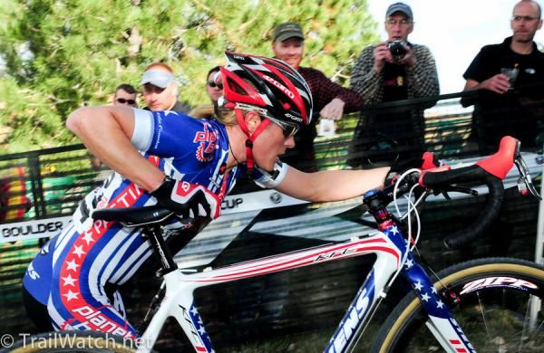 Katie Compton (Planet Bike) on the run-up.