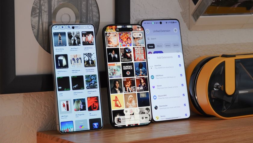 Music player apps running on various Android phones and iPhones.