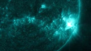An X-flare seen flashing on the sun by NASA's Solar Dynamics Observatory.