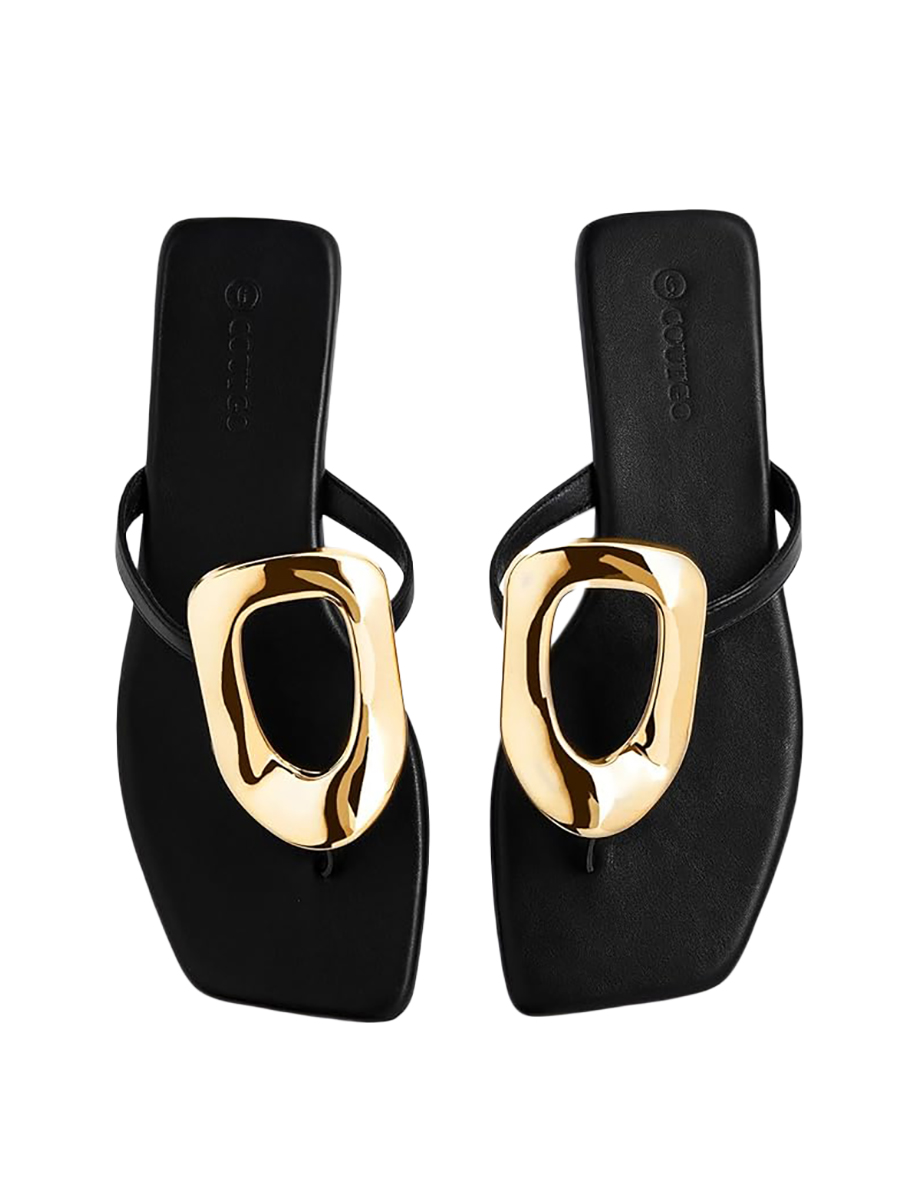 Coutgo, Coutgo Womens Flat Sandals Comfortable Flip Flops Slide Sandals Summer Beach Shoes With Metal Decoration, Polish Black