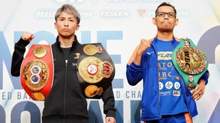 IBF and WBA bantamweight boxing champion Naoya Inoue of Japan (L) and WBC champion Nonito Donaire of Philippines (R) pose during a press event
