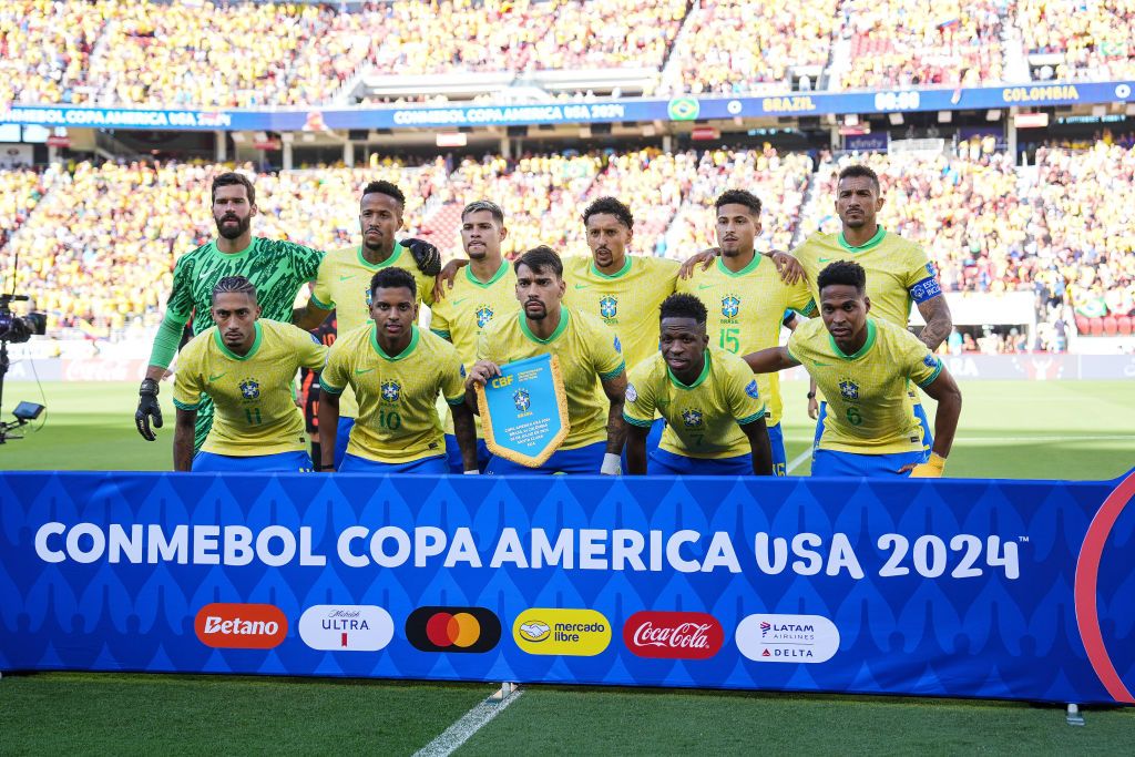 Brazil Copa America 2024 squad The Brazil starting squad poses prior to the CONMEBOL Copa America 2024 Group D match between Brazil and Colombia at Levi&#039;s Stadium on July 02, 2024 in Santa Clara, California. (Photo by Thearon W. Henderson/Getty Images)