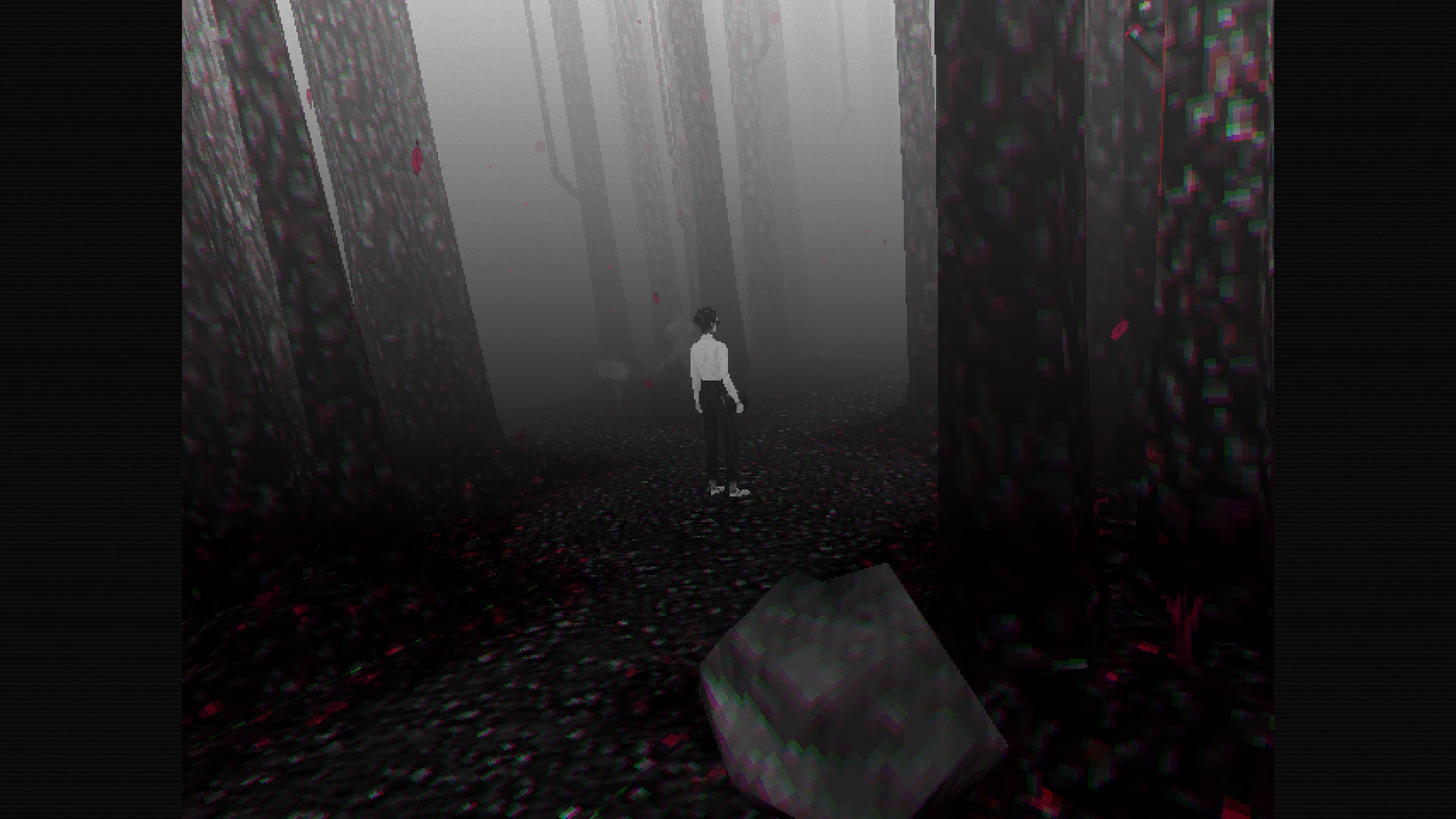 A PS1-styled woman stands in a dark wood